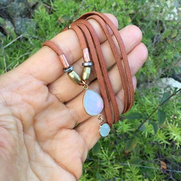 Leather cord Opalite Aquamarine Sundance Charm Necklace Sale - Picture 7 of 8